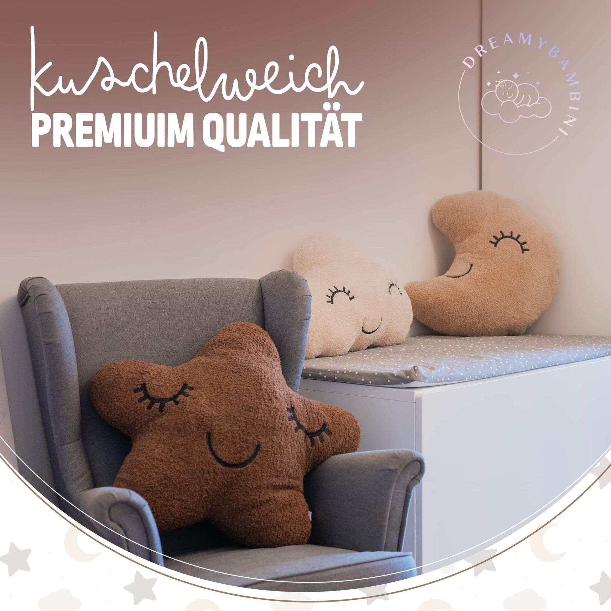 DREAMYBAMBINI Weiches 3er Set Deko Kissen mit Stern Kissen, Mondkissen und Wolken Kissen mit Bezug und Füllung aus 100% Baumwolle, Flauschiges Kuschelkissen für Sofa, Bett und Kinderzimmer Deko - Lilidesigns