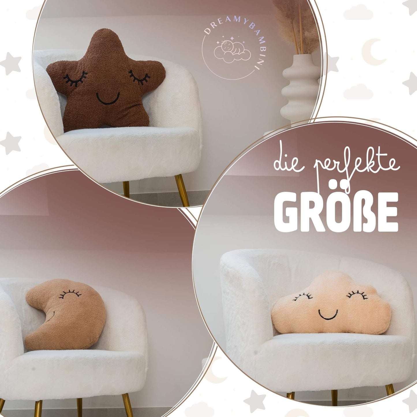 DREAMYBAMBINI Weiches 3er Set Deko Kissen mit Stern Kissen, Mondkissen und Wolken Kissen mit Bezug und Füllung aus 100% Baumwolle, Flauschiges Kuschelkissen für Sofa, Bett und Kinderzimmer Deko - Lilidesigns
