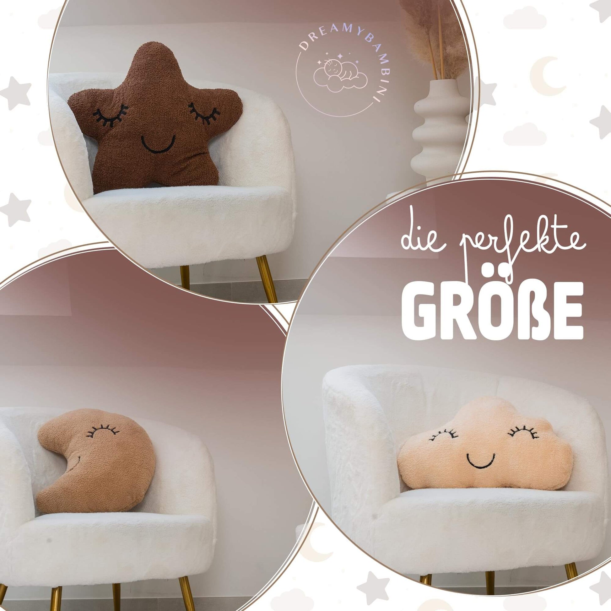 DREAMYBAMBINI Weiches 3er Set Deko Kissen mit Stern Kissen, Mondkissen und Wolken Kissen mit Bezug und Füllung aus 100% Baumwolle, Flauschiges Kuschelkissen für Sofa, Bett und Kinderzimmer Deko - Lilidesigns