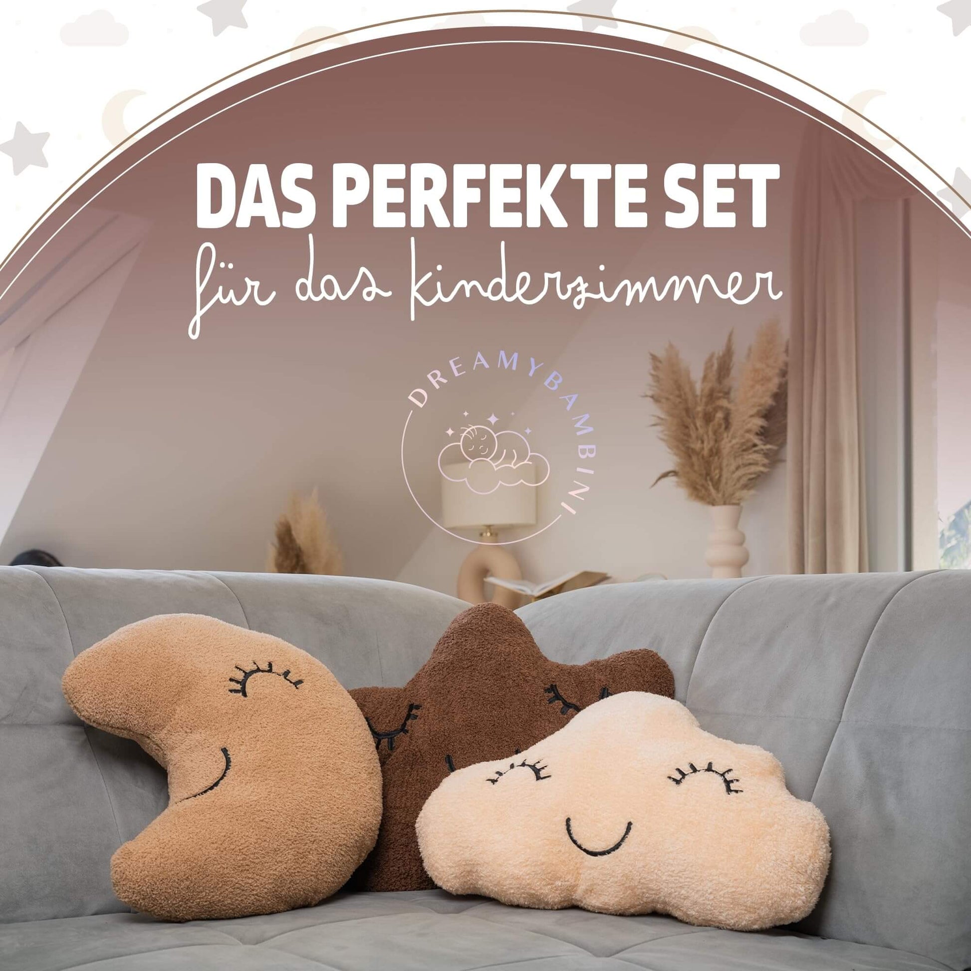 DREAMYBAMBINI Weiches 3er Set Deko Kissen mit Stern Kissen, Mondkissen und Wolken Kissen mit Bezug und Füllung aus 100% Baumwolle, Flauschiges Kuschelkissen für Sofa, Bett und Kinderzimmer Deko - Lilidesigns