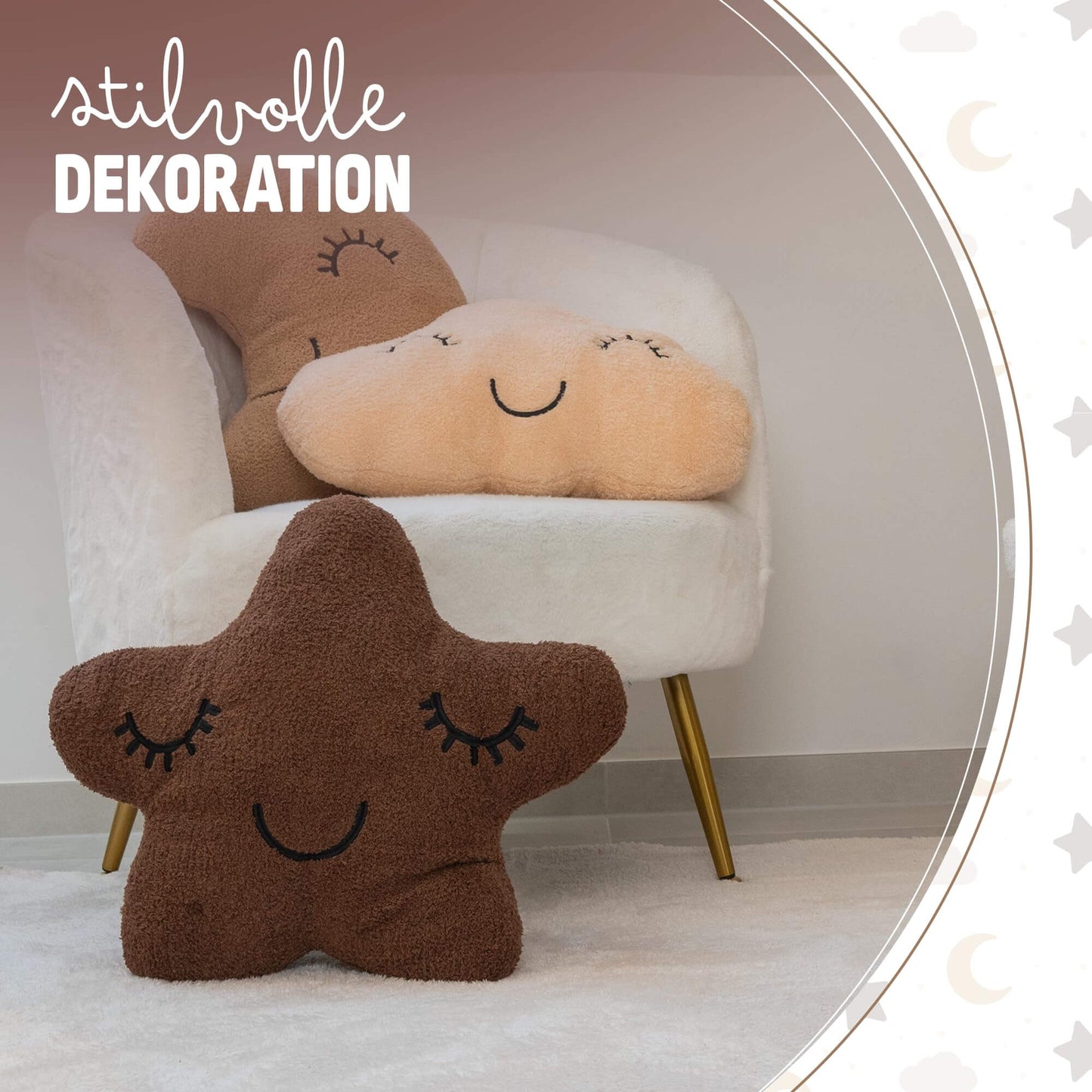 DREAMYBAMBINI Weiches 3er Set Deko Kissen mit Stern Kissen, Mondkissen und Wolken Kissen mit Bezug und Füllung aus 100% Baumwolle, Flauschiges Kuschelkissen für Sofa, Bett und Kinderzimmer Deko - Lilidesigns